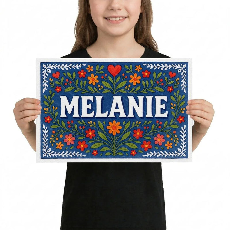 Melanie Name Art - Floral Farmhouse personalized wall print for kids