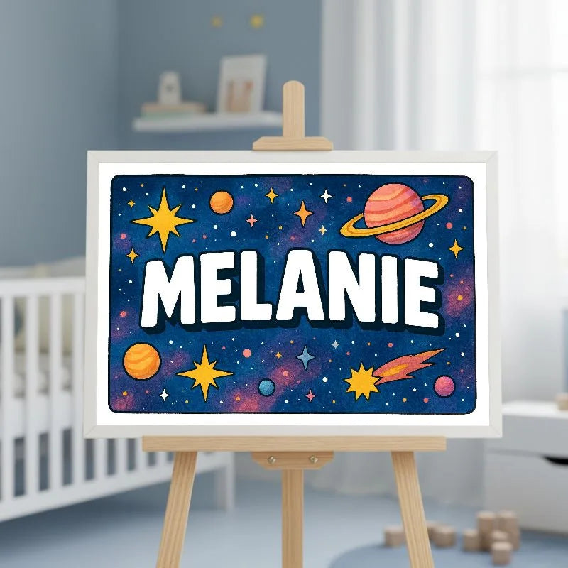 Melanie Name Art - Space Explorers personalized wall print for kids