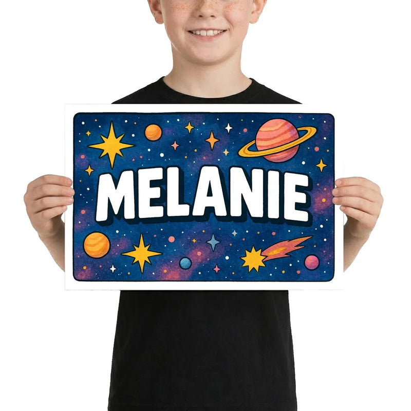 Melanie Name Art - Space Explorers personalized wall print for kids