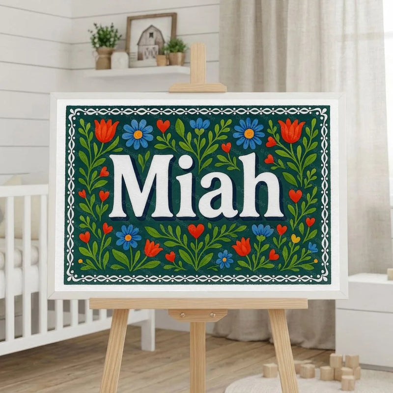 Miah Name Art - Floral Farmhouse personalized wall print for kids