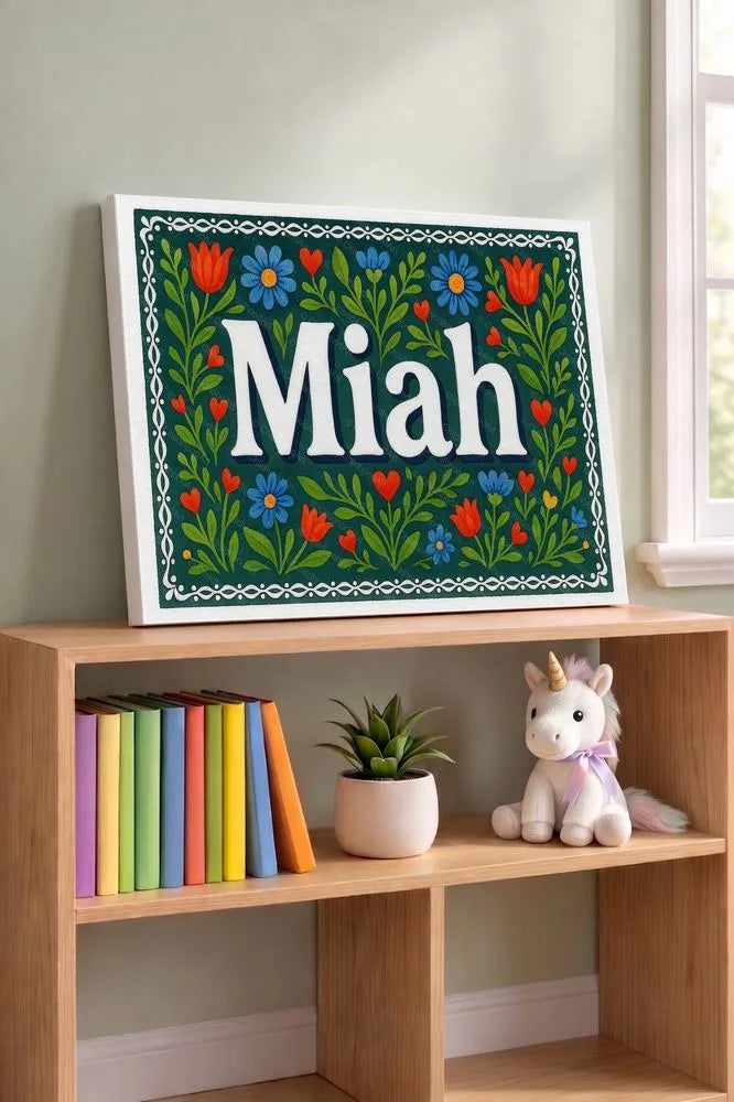 Miah Name Art - Floral Farmhouse personalized wall print for kids