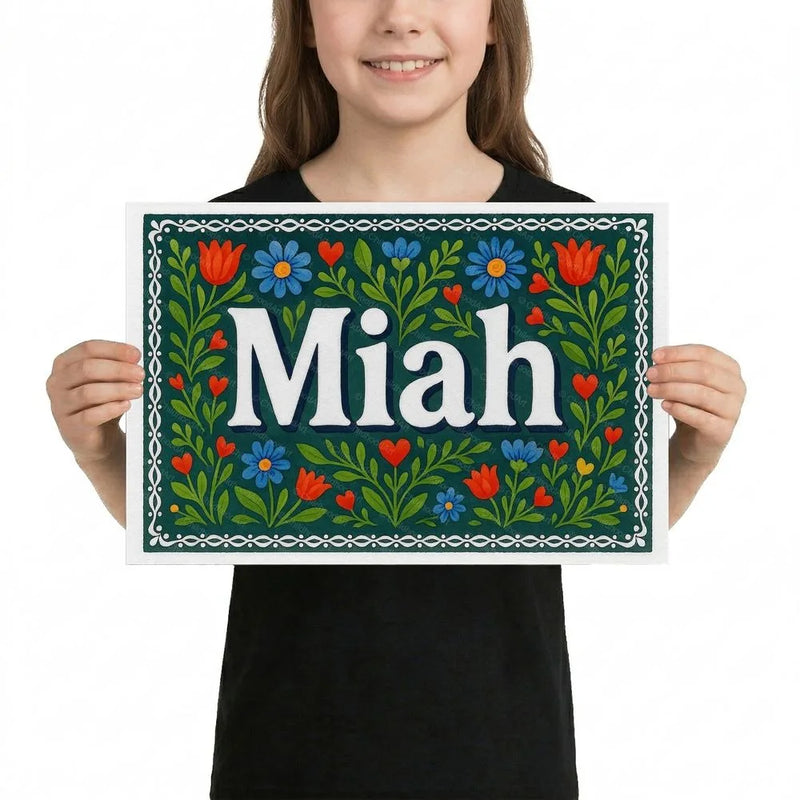 Miah Name Art - Floral Farmhouse personalized wall print for kids