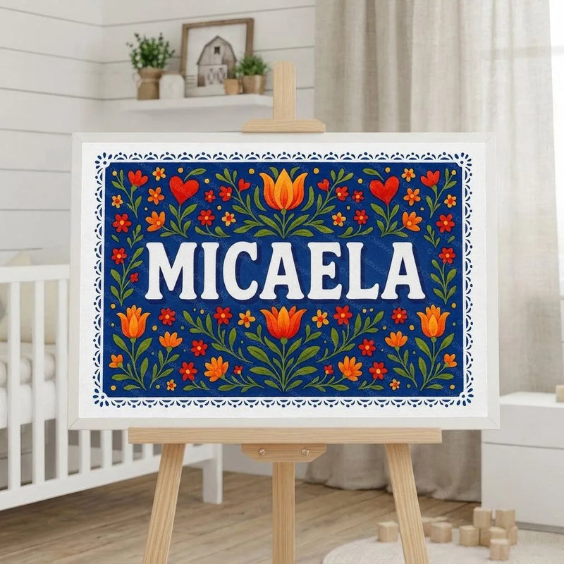 Micaela Name Art - Floral Farmhouse personalized wall print for kids
