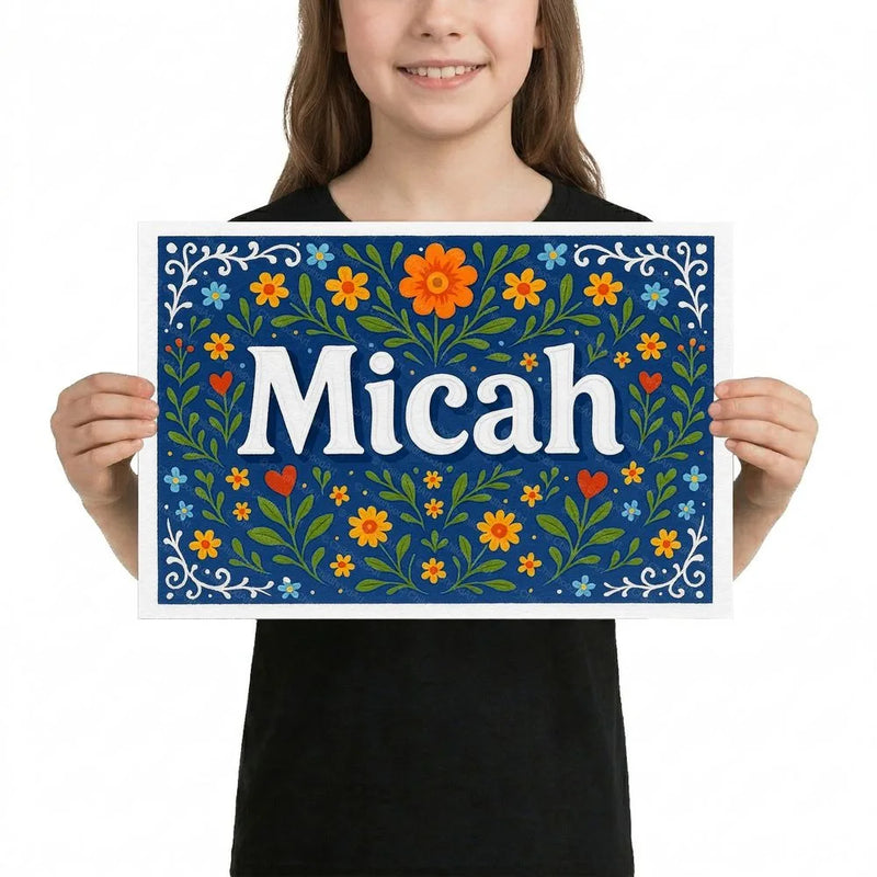 Micah Name Art - Floral Farmhouse personalized wall print for kids