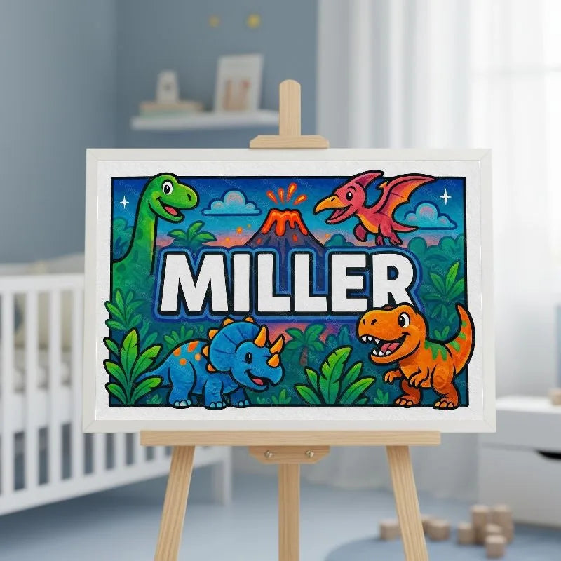 Miller Name Art - Dinosaur Adventure personalized wall print for kids