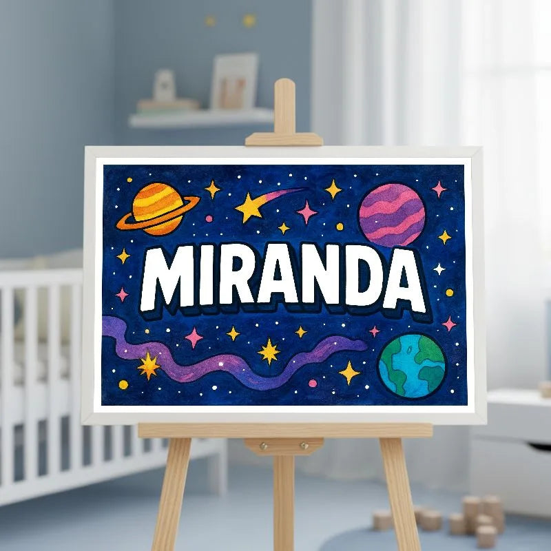 Miranda Name Art - Space Explorers personalized wall print for kids