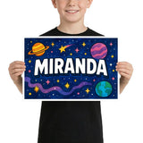 Miranda Name Art - Space Explorers personalized wall print for kids