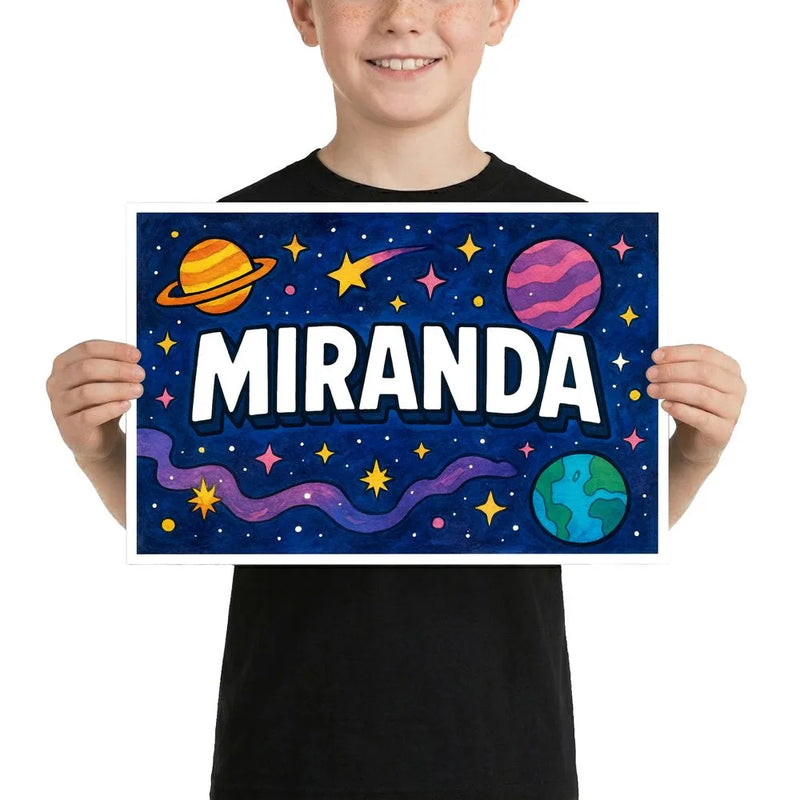 Miranda Name Art - Space Explorers personalized wall print for kids