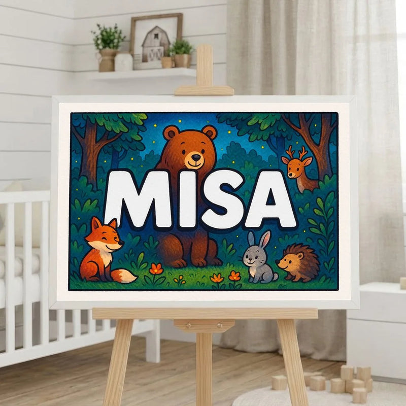 Misa Name Art - Forest Friends personalized wall print for kids