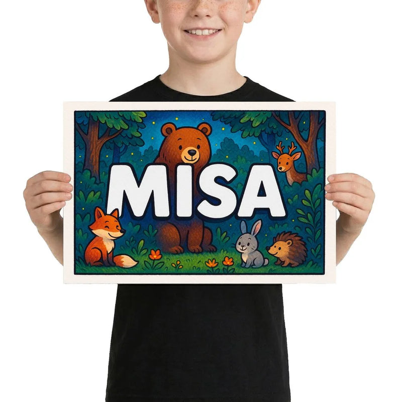Misa Name Art - Forest Friends personalized wall print for kids
