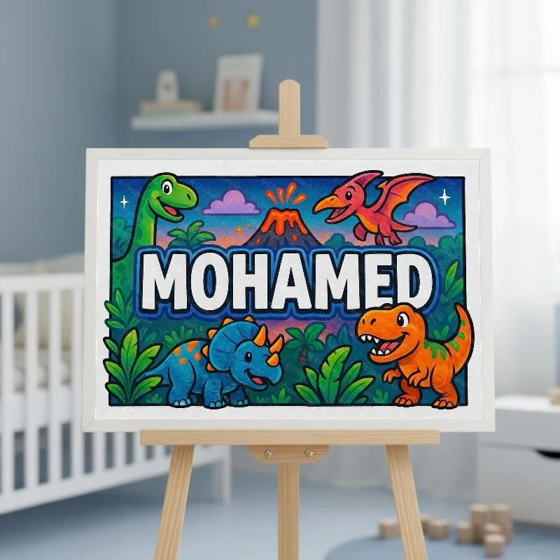 Mohamed Name Art - Dinosaur Adventure personalized wall print for kids