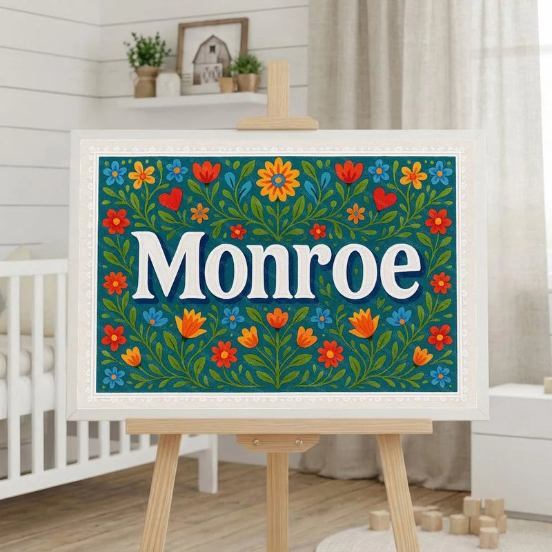 Monroe Name Art - Floral Farmhouse personalized wall print for kids