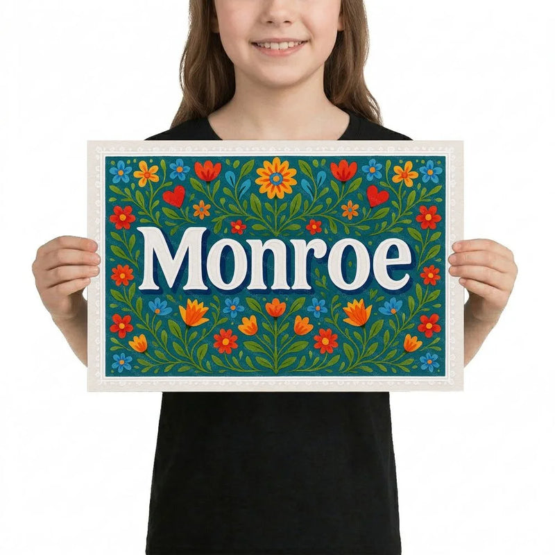 Monroe Name Art - Floral Farmhouse personalized wall print for kids
