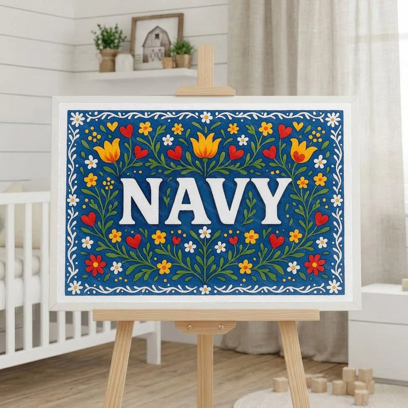 Navy Name Art - Floral Farmhouse personalized wall print for kids