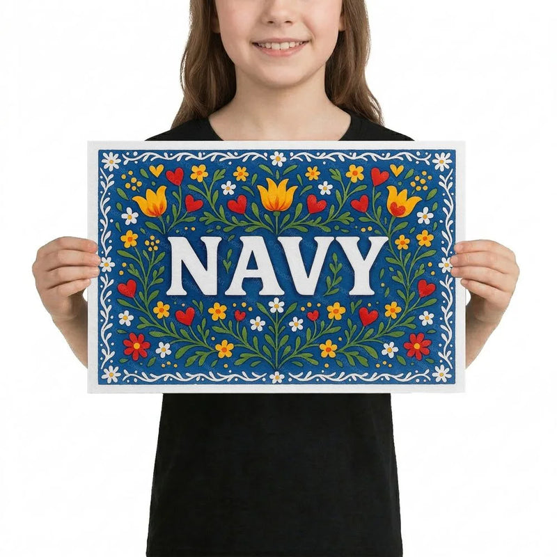 Navy Name Art - Floral Farmhouse personalized wall print for kids