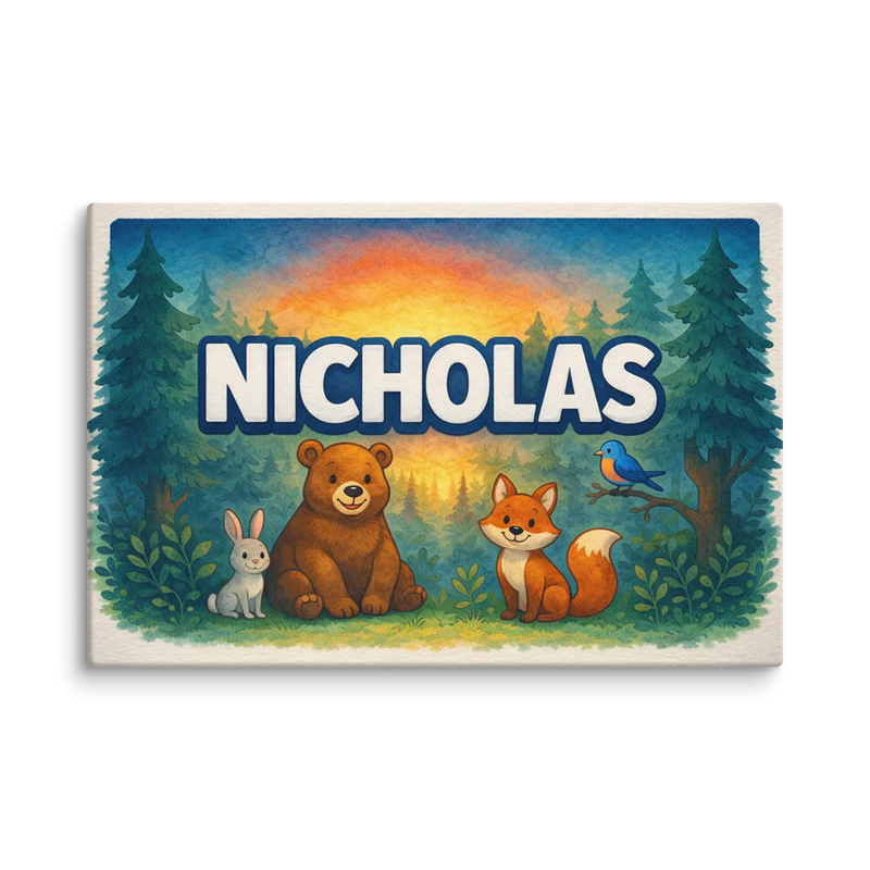 Nicholas Name Art - Forest Friends personalized wall print for kids