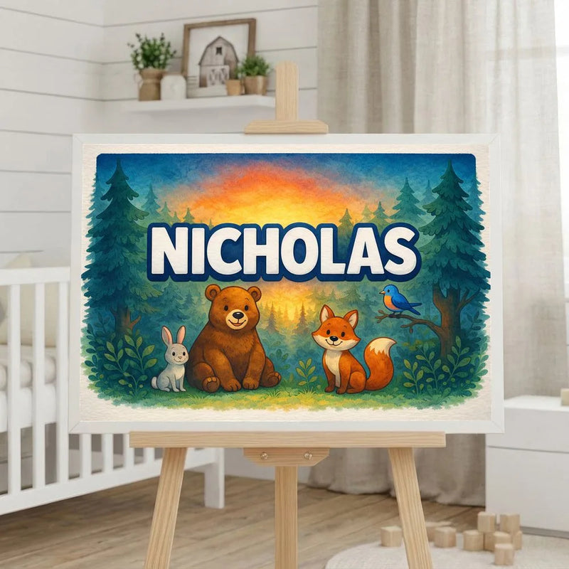 Nicholas Name Art - Forest Friends personalized wall print for kids