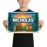 Nicholas Name Art - Forest Friends personalized wall print for kids