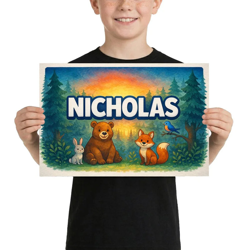 Nicholas Name Art - Forest Friends personalized wall print for kids