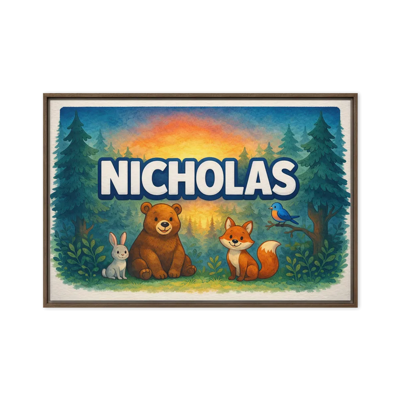 Nicholas Name Art - Forest Friends personalized wall print for kids