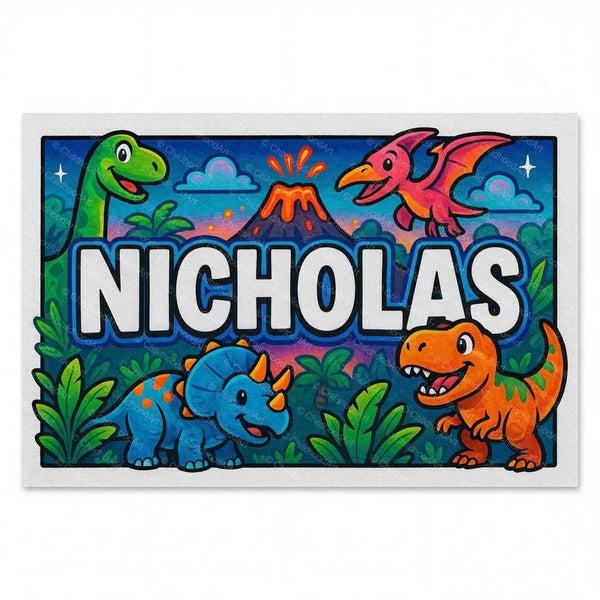 Personalized Nicholas name art print in the Dinosaur adventure style