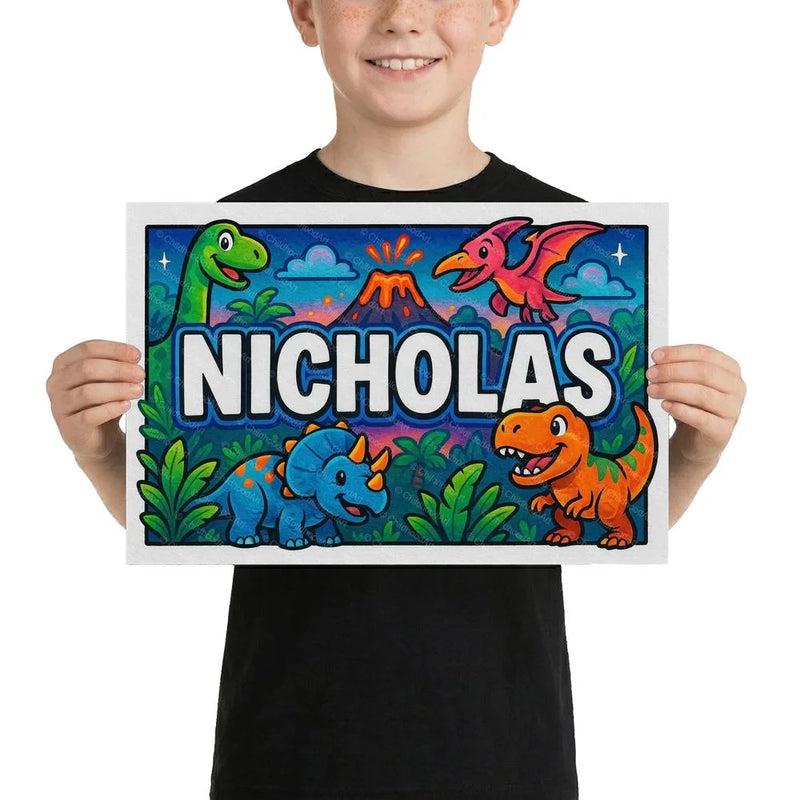 Nicholas Name Art - Dinosaur Adventure personalized wall print for kids