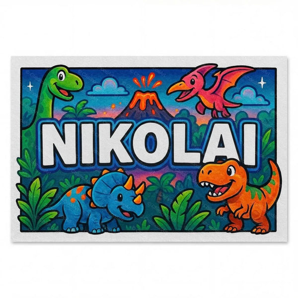 Personalized Nikolai name art print in the Dinosaur adventure style