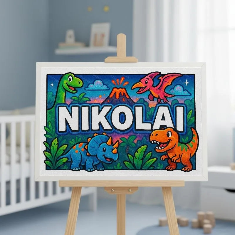 Nikolai Name Art - Dinosaur Adventure personalized wall print for kids