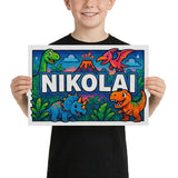 Nikolai Name Art - Dinosaur Adventure personalized wall print for kids
