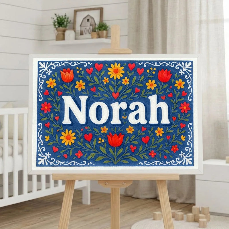 Norah Name Art - Floral Farmhouse personalized wall print for kids