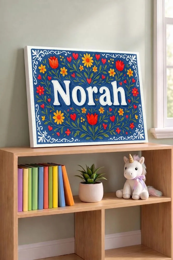 Norah Name Art - Floral Farmhouse personalized wall print for kids