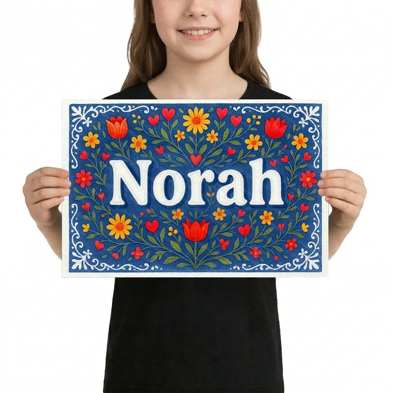 Norah Name Art - Floral Farmhouse personalized wall print for kids