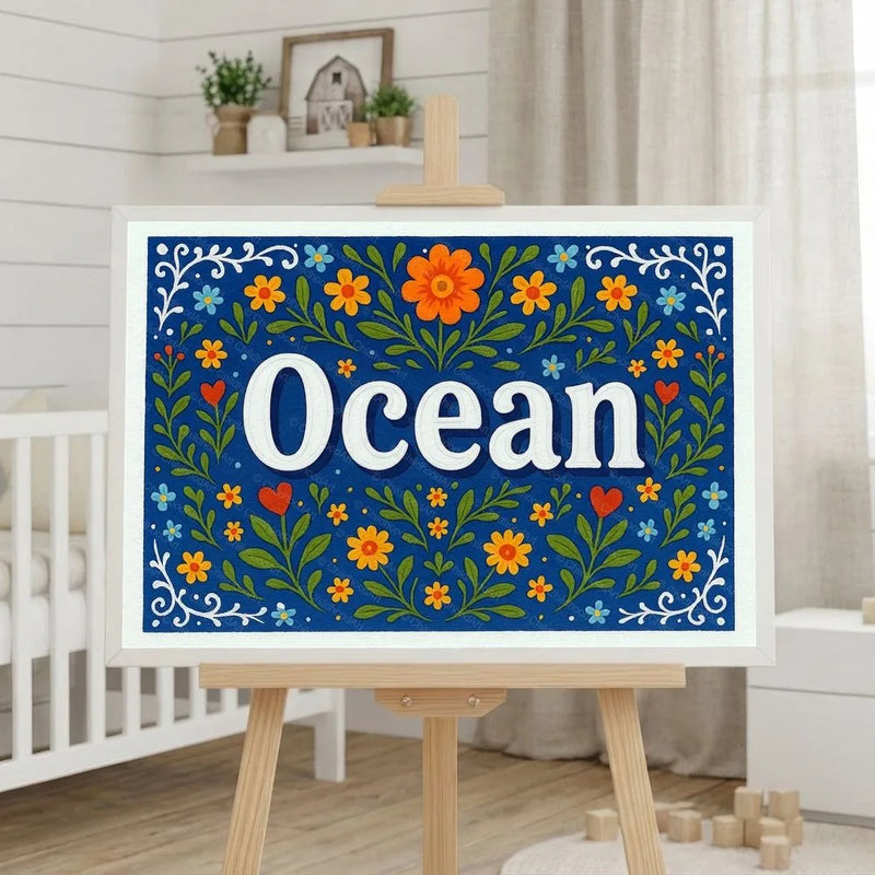 Ocean Name Art - Floral Farmhouse personalized wall print for kids