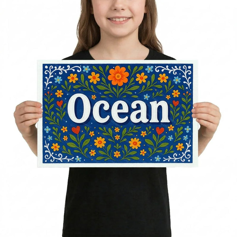 Ocean Name Art - Floral Farmhouse personalized wall print for kids