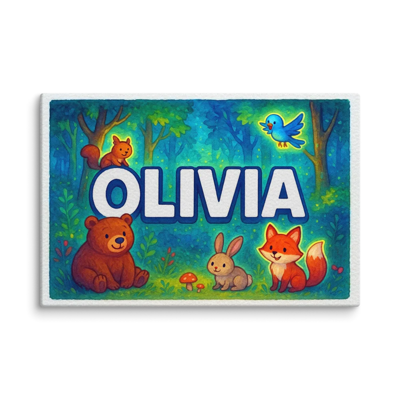 Olivia Name Art - Forest Friends personalized wall print for kids