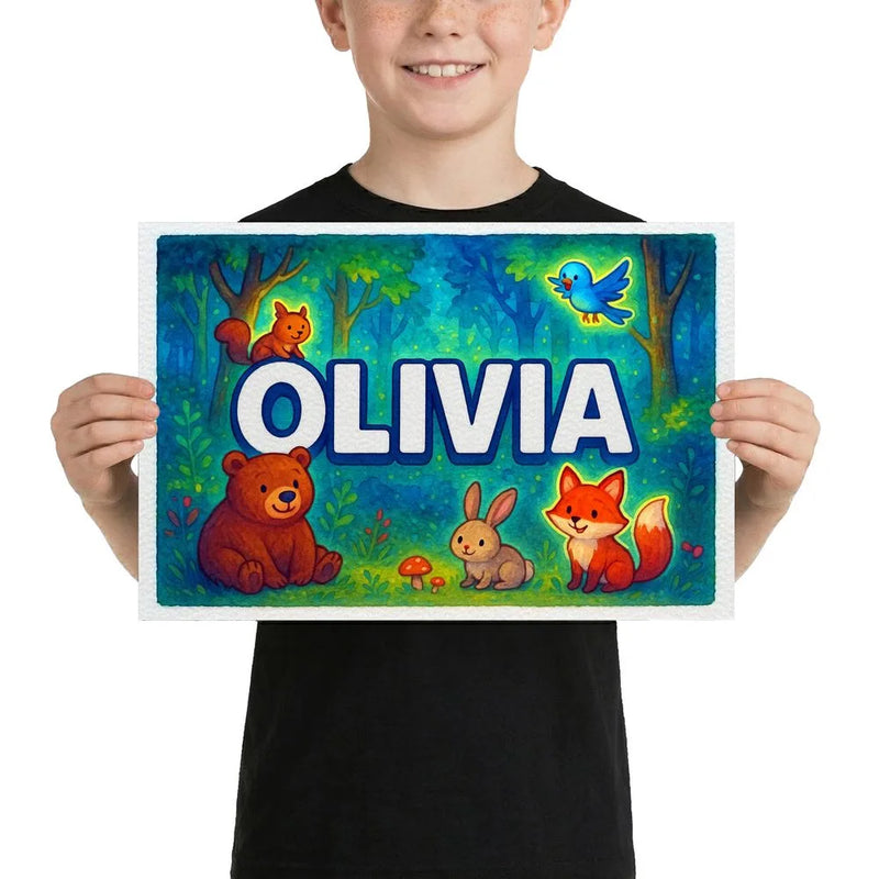 Olivia Name Art - Forest Friends personalized wall print for kids