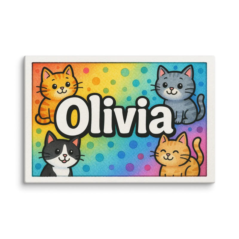 Olivia Name Art - Colorful Cats personalized wall print for kids