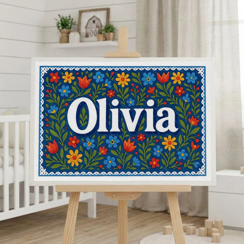 Olivia Name Art - Floral Farmhouse personalized wall print for kids