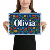 Olivia Name Art - Floral Farmhouse personalized wall print for kids