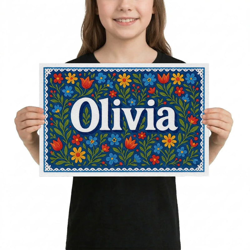 Olivia Name Art - Floral Farmhouse personalized wall print for kids