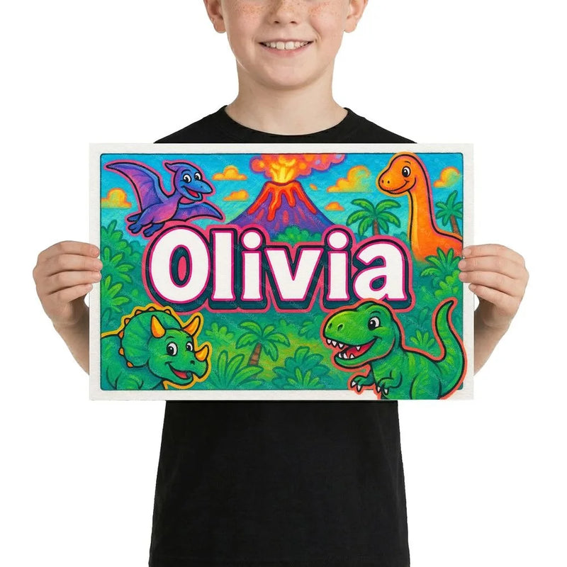 Olivia Name Art - Dinosaur Adventure personalized wall print for kids