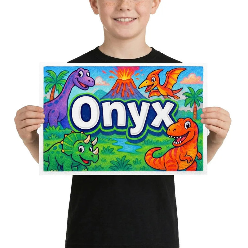 Onyx Name Art - Dinosaur Adventure personalized wall print for kids