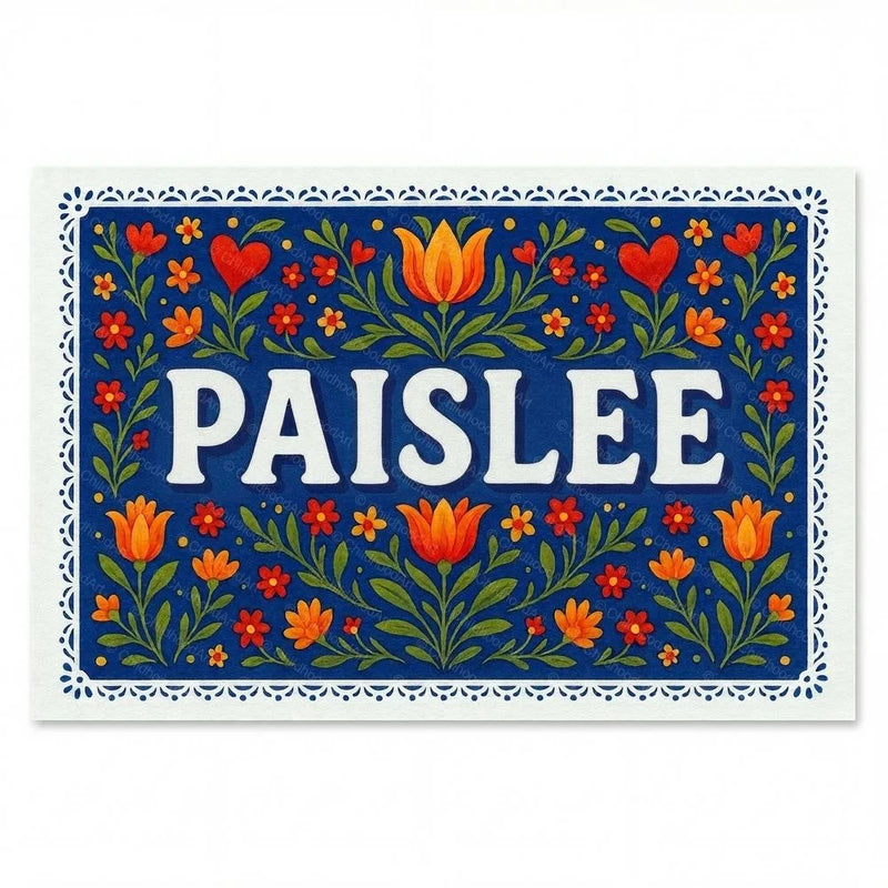 Paislee Name Art - Floral Farmhouse personalized wall print for kids