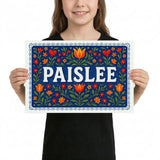 Paislee Name Art - Floral Farmhouse personalized wall print for kids