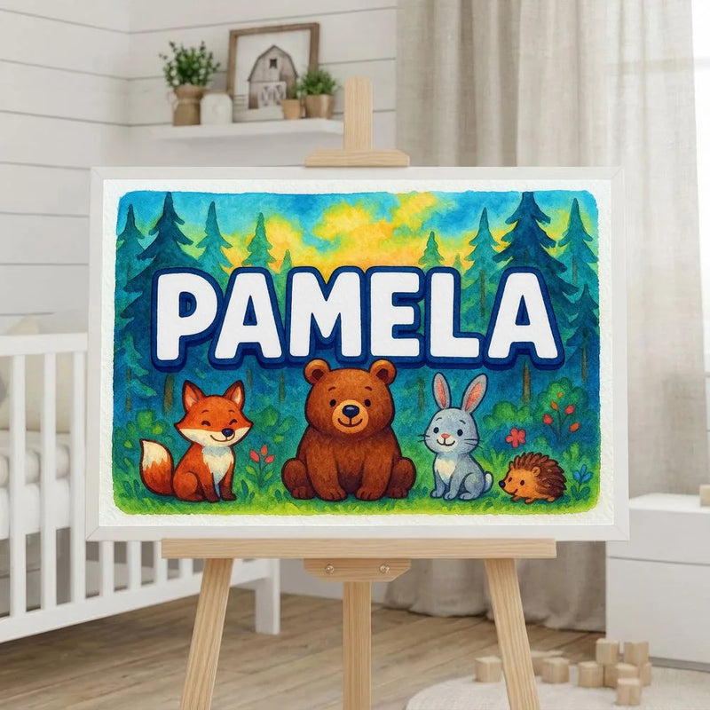 Pamela Name Art - Forest Friends personalized wall print for kids