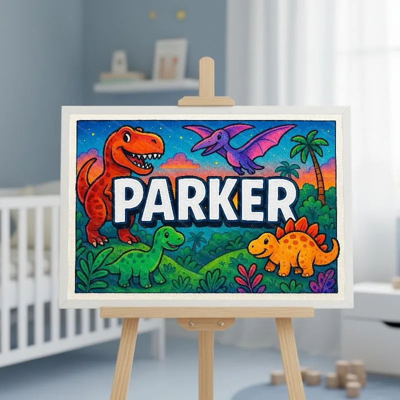 Parker Name Art - Dinosaur Adventure personalized wall print for kids