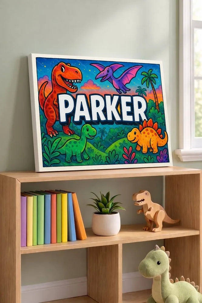 Parker Name Art - Dinosaur Adventure personalized wall print for kids