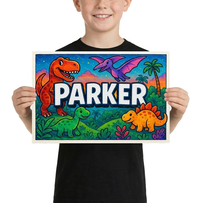 Parker Name Art - Dinosaur Adventure personalized wall print for kids