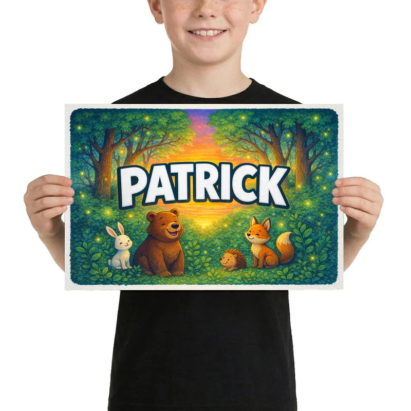 Patrick Name Art - Forest Friends personalized wall print for kids