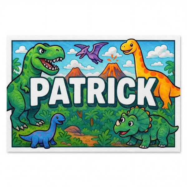 Personalized Patrick name art print in the Dinosaur adventure style